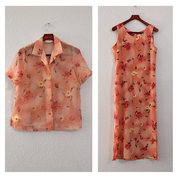 Vintage Y2K Floral Crinkle 2 Piece Dress Set - Picture 1 of 15